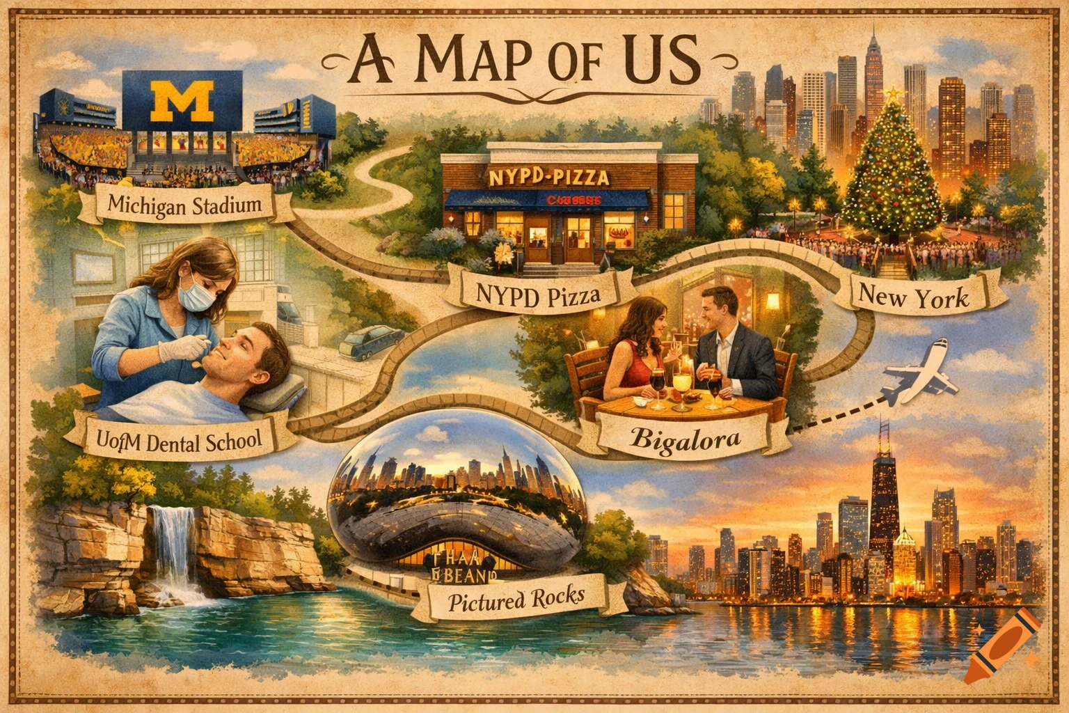 An illustrated vintage-style map titled "A Map of Us", showing various locations: Michigan Stadium, UofM Dental School, NYPD Pizza, a dinner date at Bigalora, New York City with a Christmas tree, the Chicago skyline, a waterfall, and the Chicago Bean. Paths connect the locations.