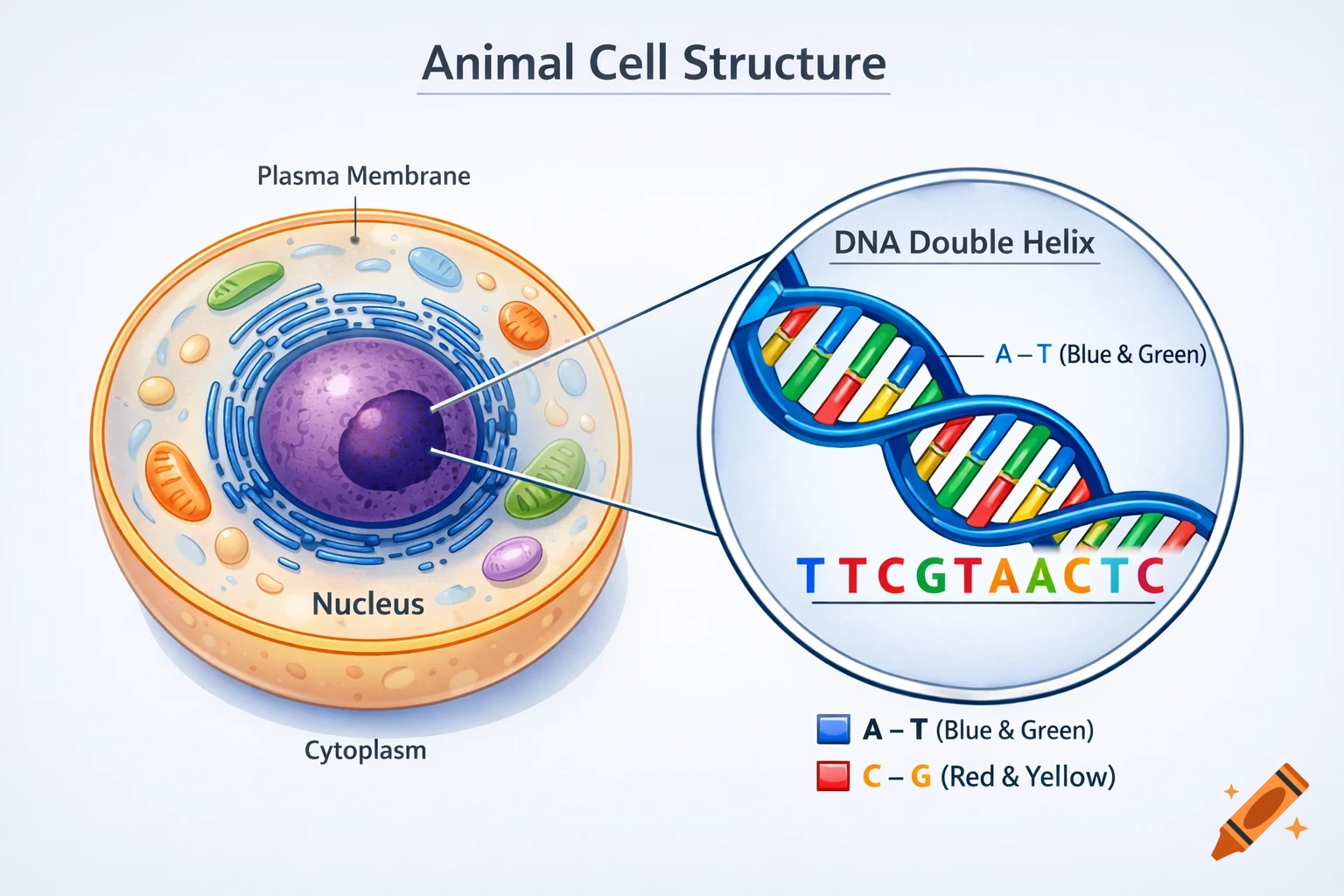 An animal cell structure diagram with a nucleus, plasma membrane, and cytoplasm, zoomed in on a DNA double helix labeled TTCGTAACTC.