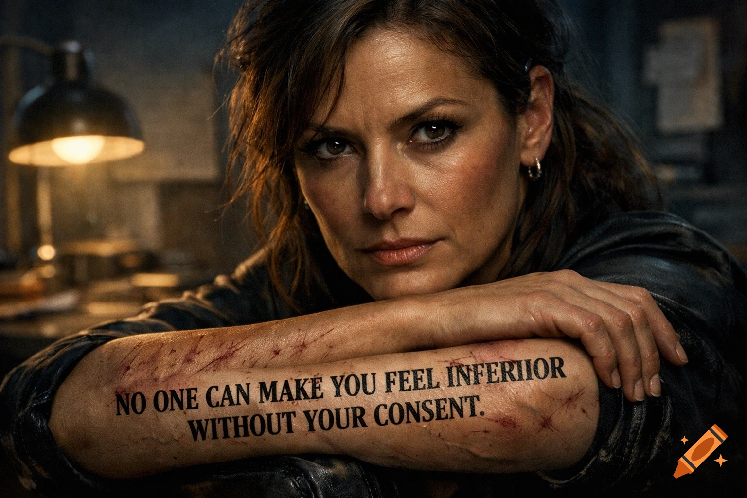 A woman with dark hair and a serious expression, resting her forearms on a surface. Text tattooed on her arm reads: "NO ONE CAN MAKE YOU FEEL INFERIOR WITHOUT YOUR CONSENT." The arm has red marks resembling scars or cuts, and a lamp glows in the blurred background. Photorealistic style.