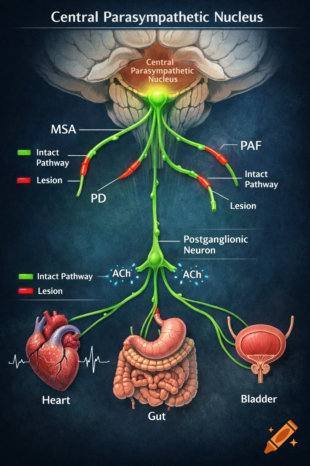 Anatomy diagram of the central parasympathetic nucleus connecting to the heart, gut, and bladder, showing intact pathways and lesions.