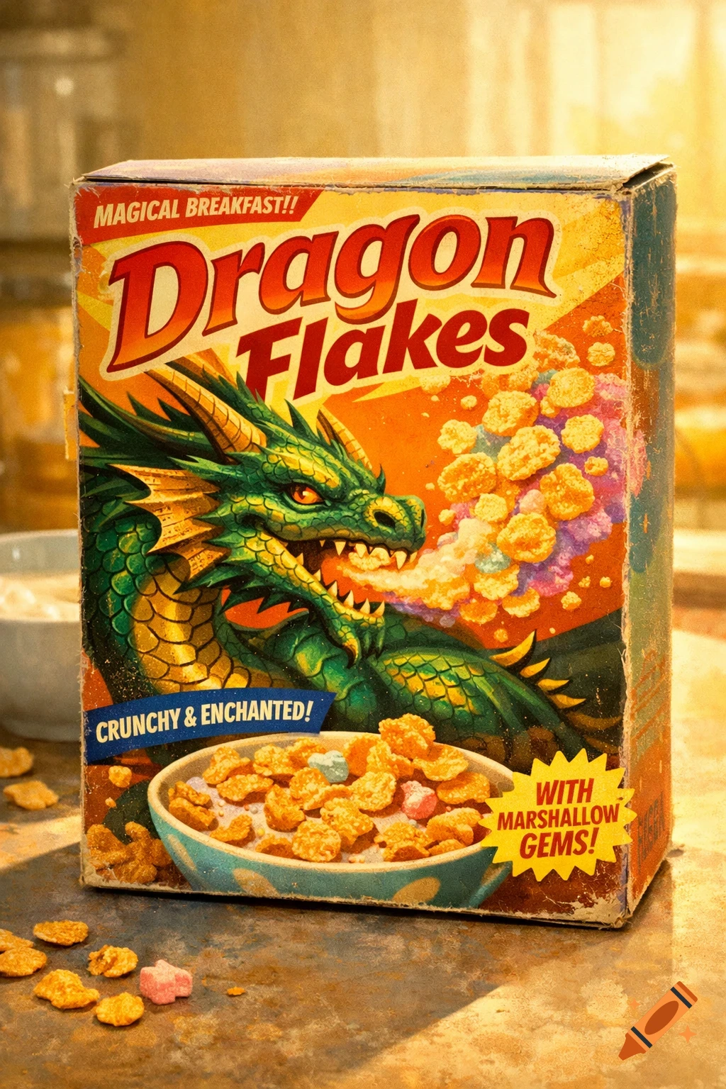 A retro-style cereal box for 'Dragon Flakes' with a green dragon breathing fire, next to a bowl of cereal on a countertop.