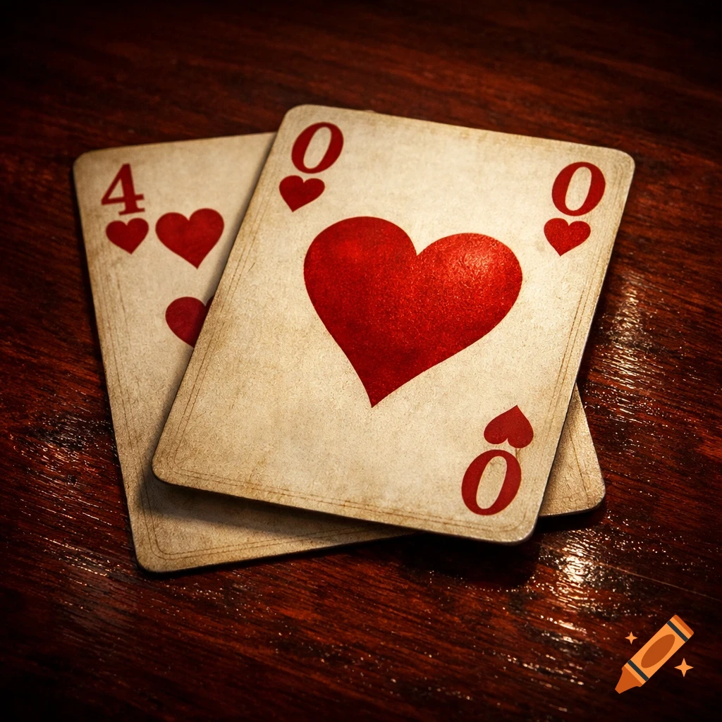 Two vintage-style playing cards, a 4 of hearts and a 0 of hearts, overlapping on a polished dark wooden table.