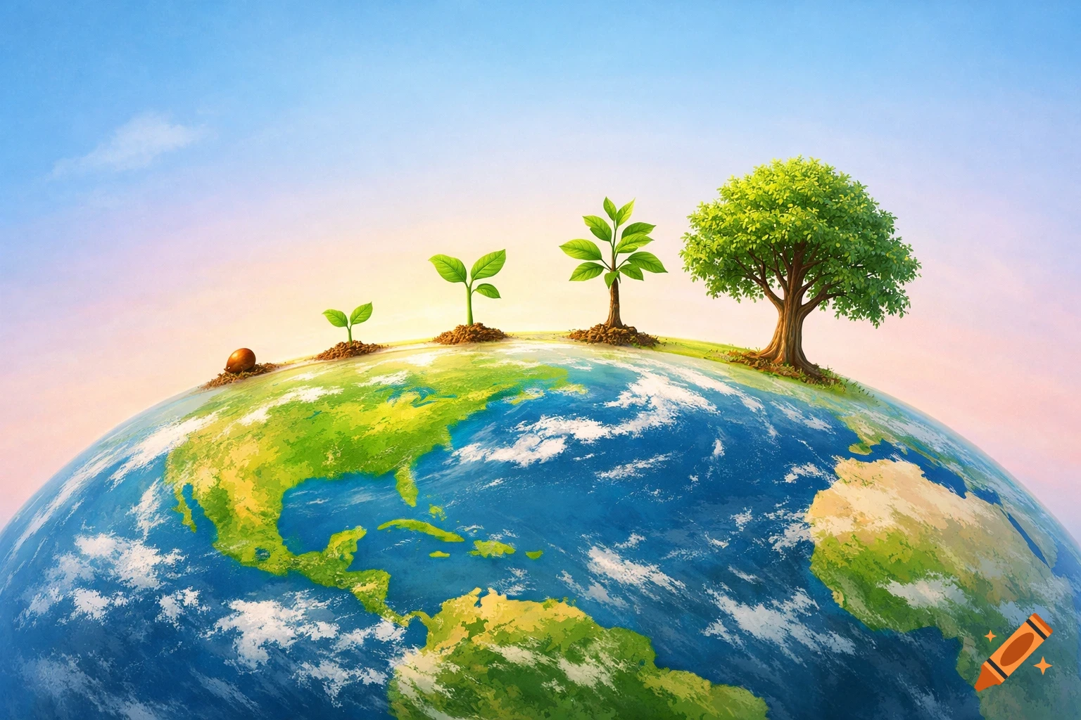Seed, sprout, sapling, and tree growing in progression on planet Earth under a soft, gradient sky.