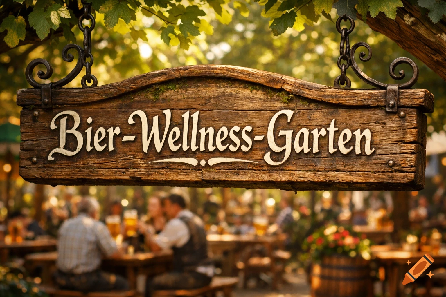 A rustic wooden sign with 'Bier-Wellness-Garten' hangs from a tree, blurry beer garden in the background.