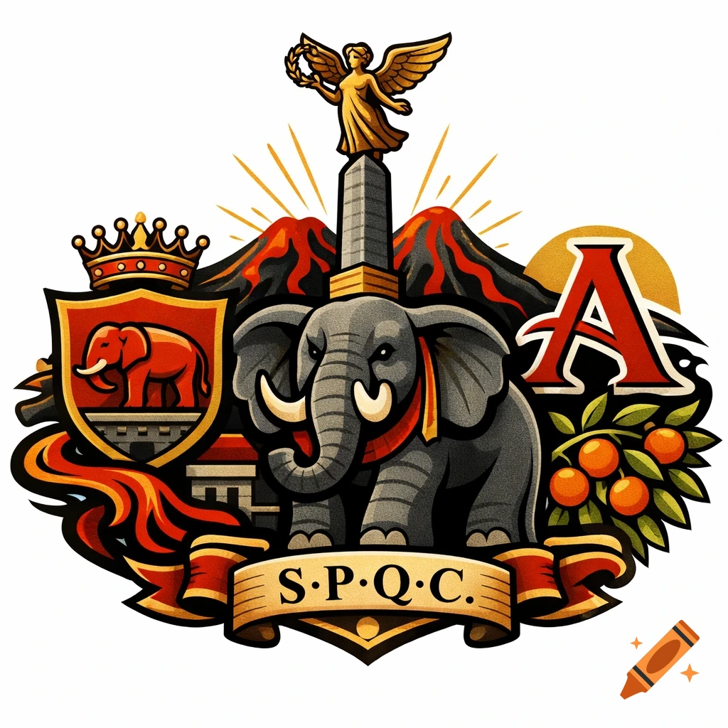 A stylized logo with an elephant, crown, shield, winged statue, volcanoes, the letter 'A', oranges, and 'S.P.Q.C.' text on a banner.