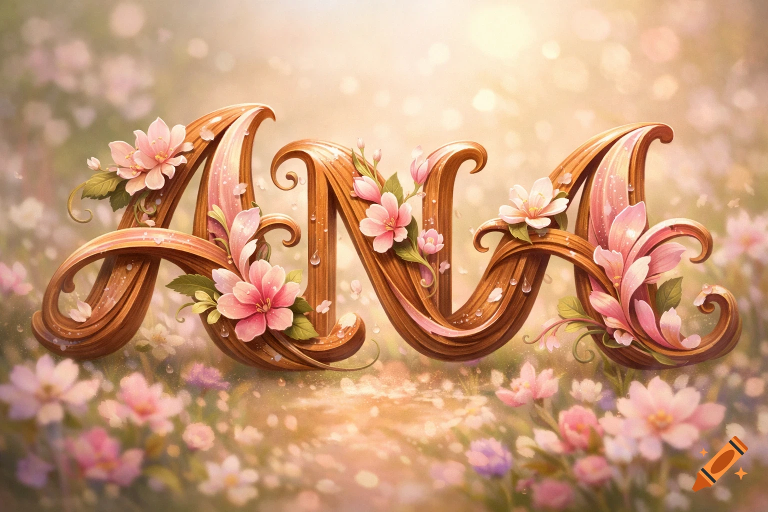 Decorative, floral lettering spelling 'ANA' in a sunlit garden with pink flowers and bokeh effects.
