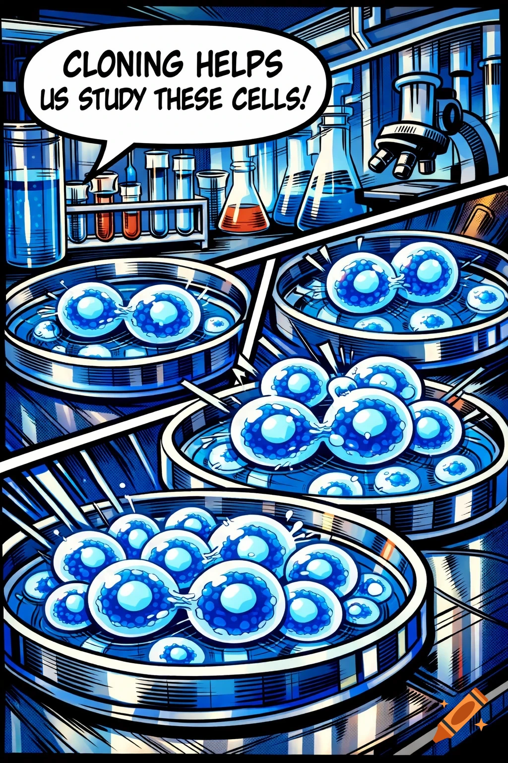 Comic book panel showing blue cells cloning in lab petri dishes with a speech bubble saying, 'Cloning helps us study these cells!'
