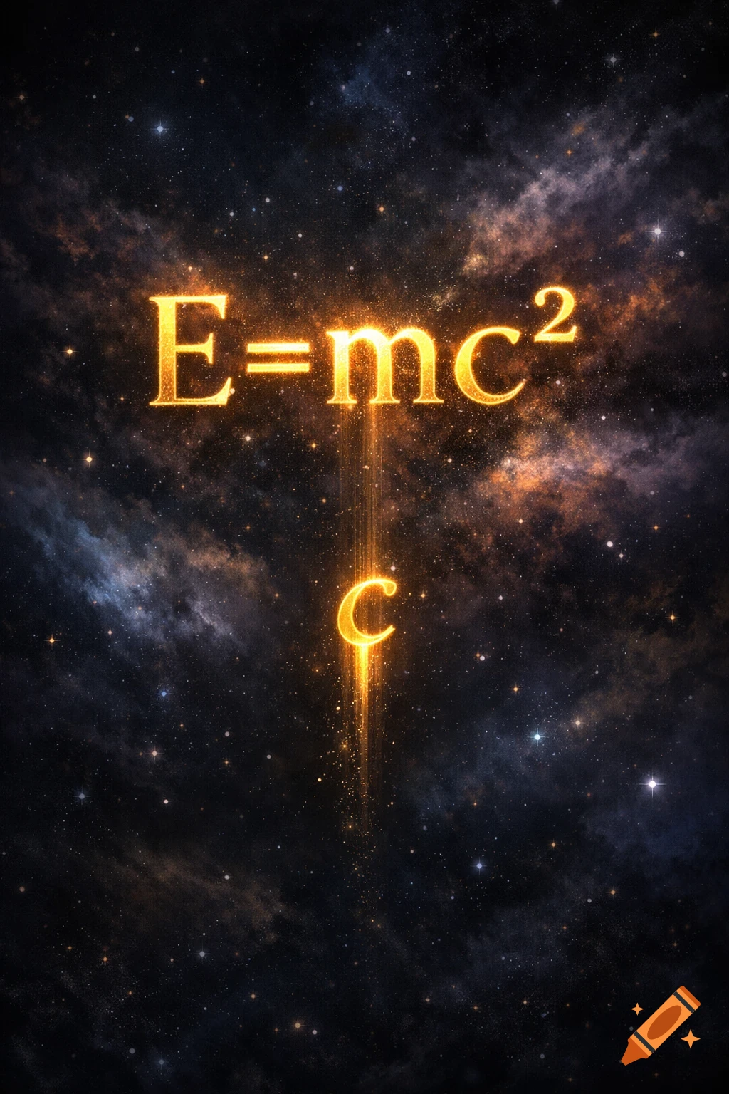The glowing formula E=mc2 against a starry, nebulous space background, with a sparkling letter 'c' falling downwards.