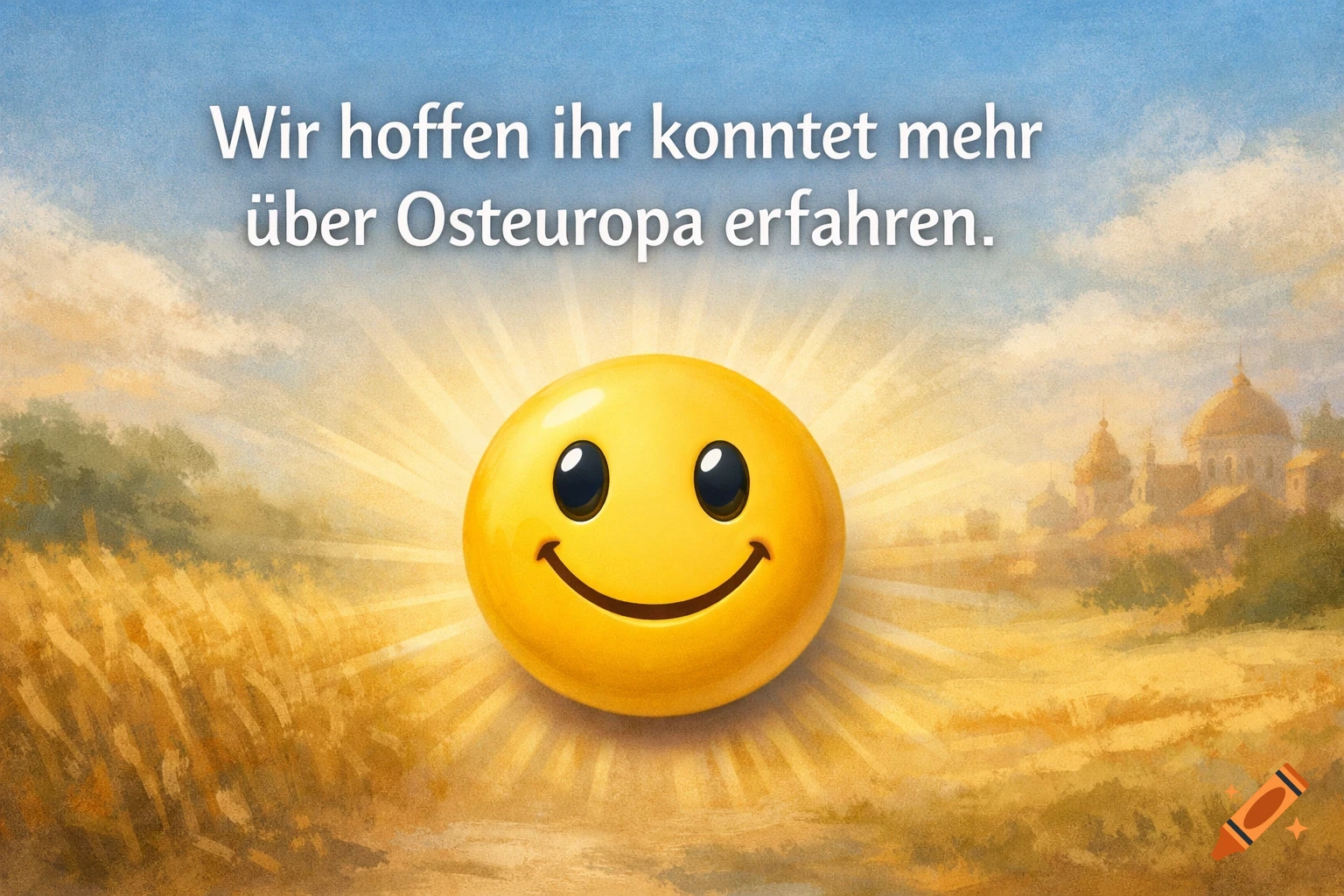 A cheerful smiley face over a golden field and distant European buildings, with text 'Wir hoffen ihr konntet mehr über Osteuropa erfahren.'