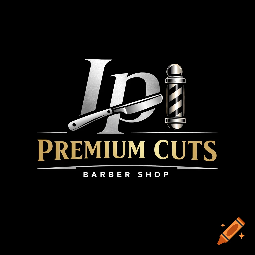 A silver and gold barber shop logo on a black background, featuring the letters 'Lp', a straight razor, a barber pole, and the text 'PREMIUM CUTS BARBER SHOP'.