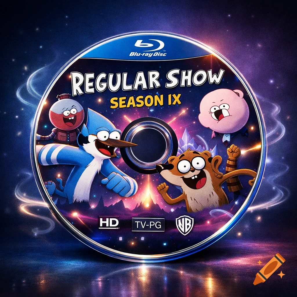 A 'Regular Show' Season 9 Blu-ray disc featuring Mordecai, Rigby, Pops, and Benson against a vibrant, cosmic background.
