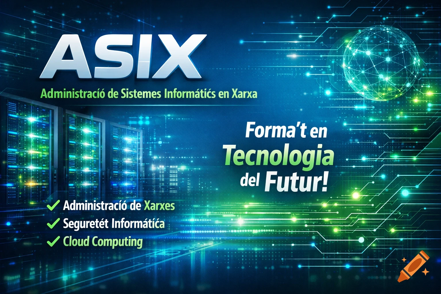 A modern, professional digital poster for "ASIX" (IT Systems Administration) with server racks, a digital globe, and futuristic circuit board lines on a blue and green background.