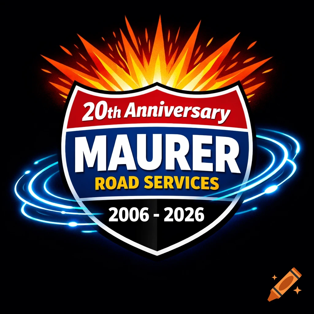 A 20th Anniversary logo for Maurer Road Services, styled as an interstate sign with an explosion of fire on top and neon blue rings below.