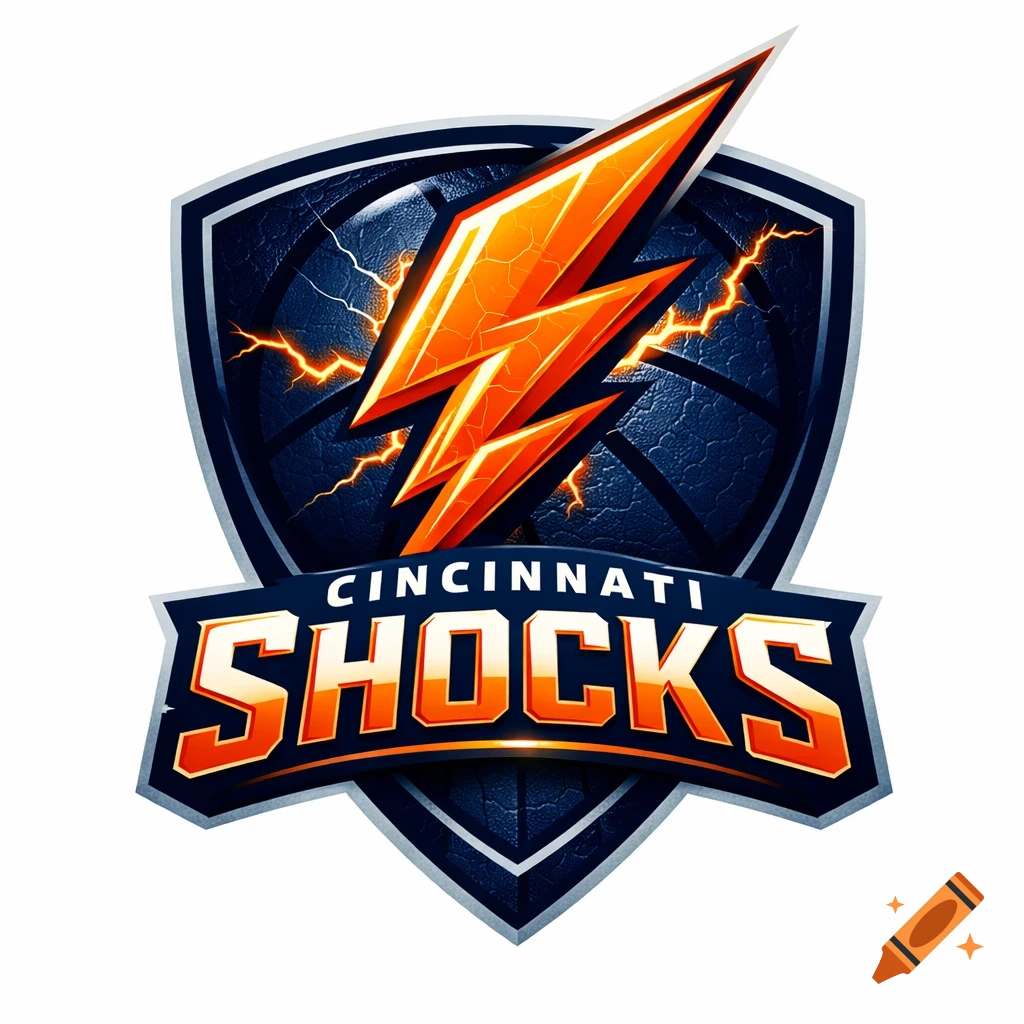 A navy and orange basketball team logo featuring a large lightning bolt, a textured basketball shield, and the text "CINCINNATI SHOCKS".