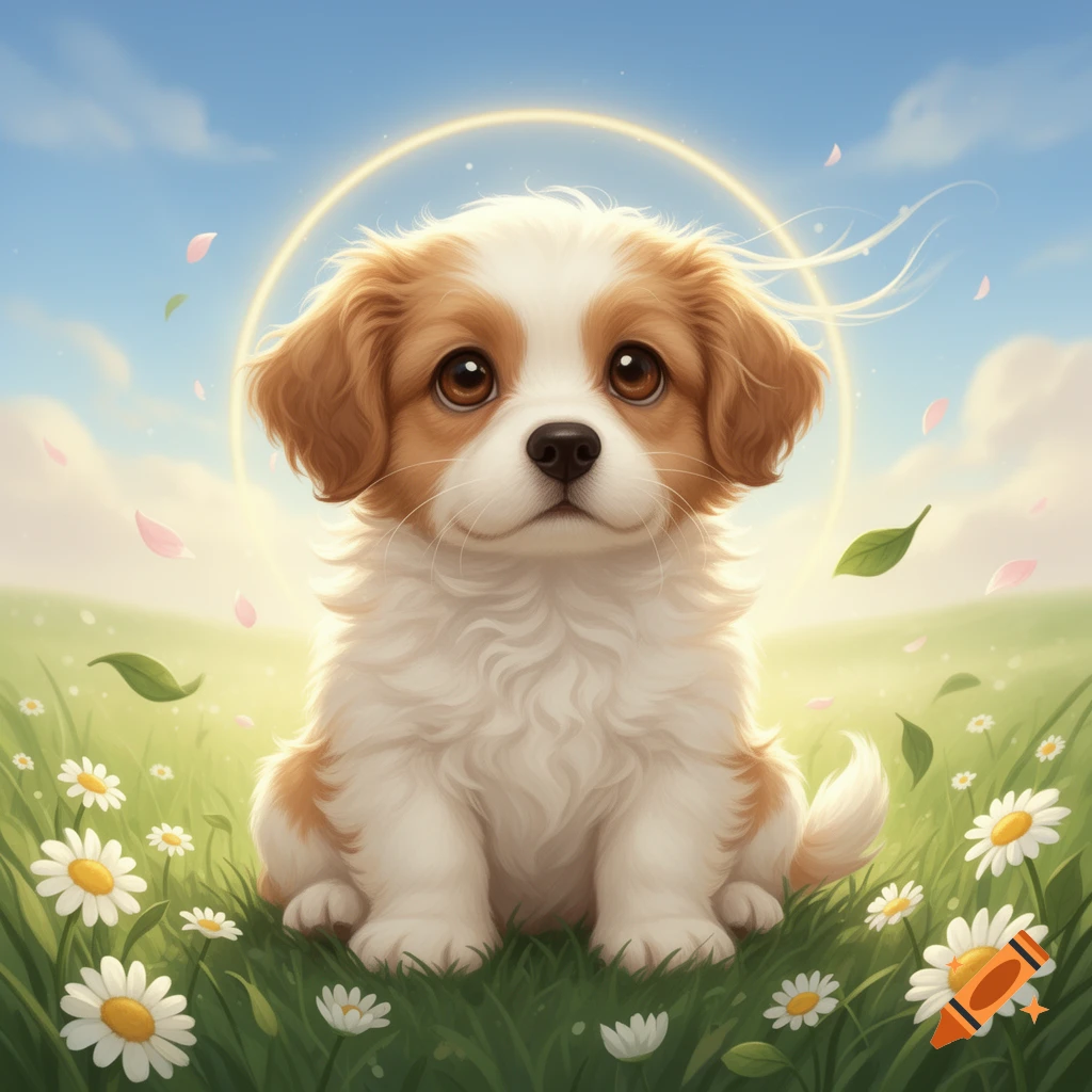 A cute, fluffy brown and white puppy sits in a field of daisies under a sunny blue sky, with a glowing halo above its head.