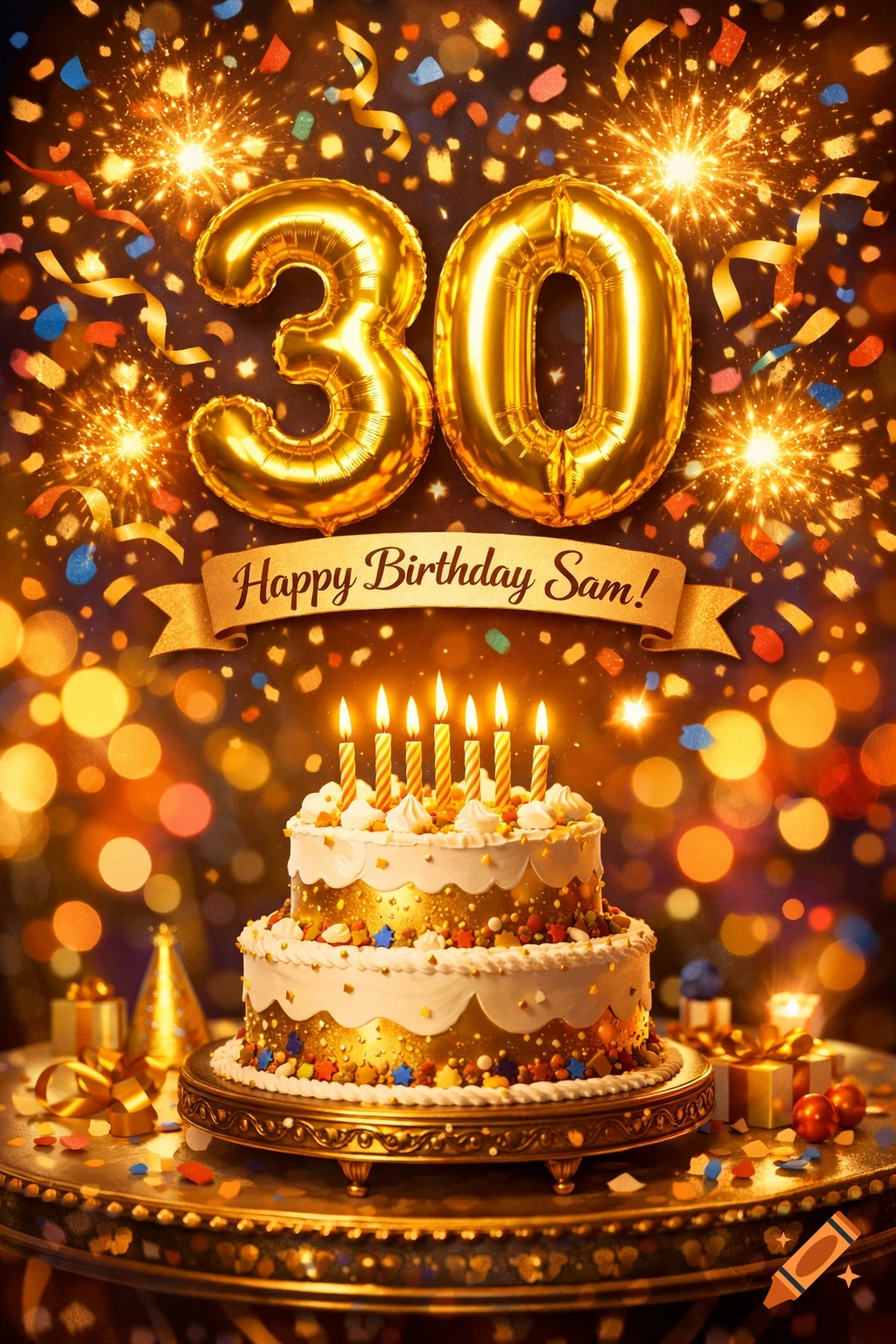A vibrant birthday celebration with golden '30' balloons, a banner reading 'Happy Birthday Sam!', a tiered cake with candles, and sparkling fireworks.