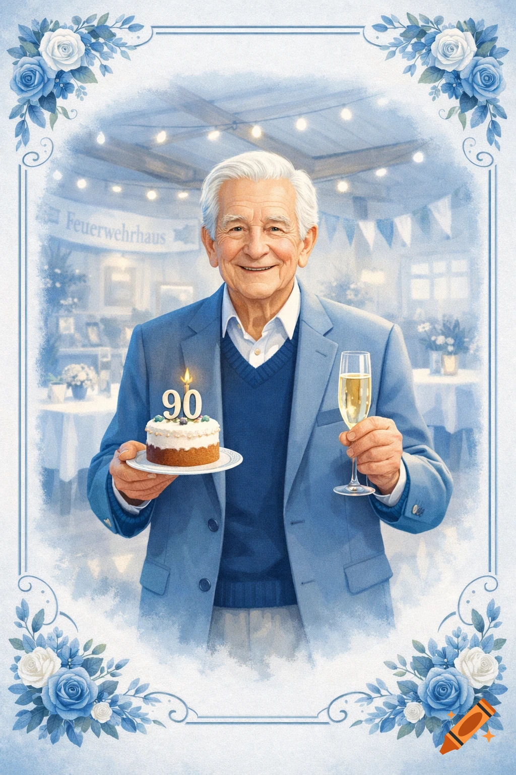 Smiling elderly man in blue suit holding a '90' birthday cake and champagne, set in a blue and white watercolor illustration with floral frame.