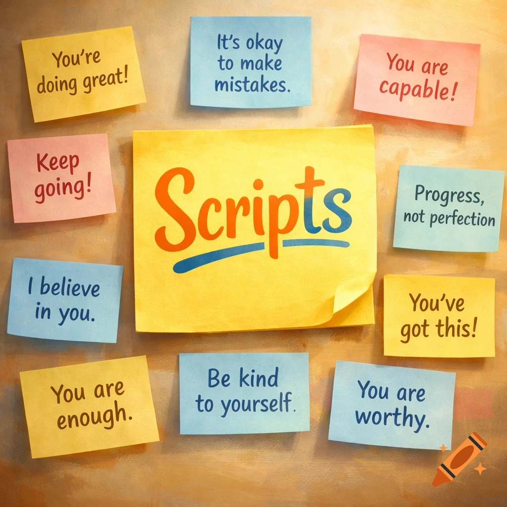 A collection of colorful post-it notes on a wall, with 'Scripts' in the center surrounded by motivational phrases.