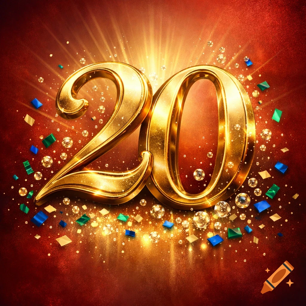 Golden metallic number 20 surrounded by sparkling lights, glitter, and blue and green confetti on a deep red background.