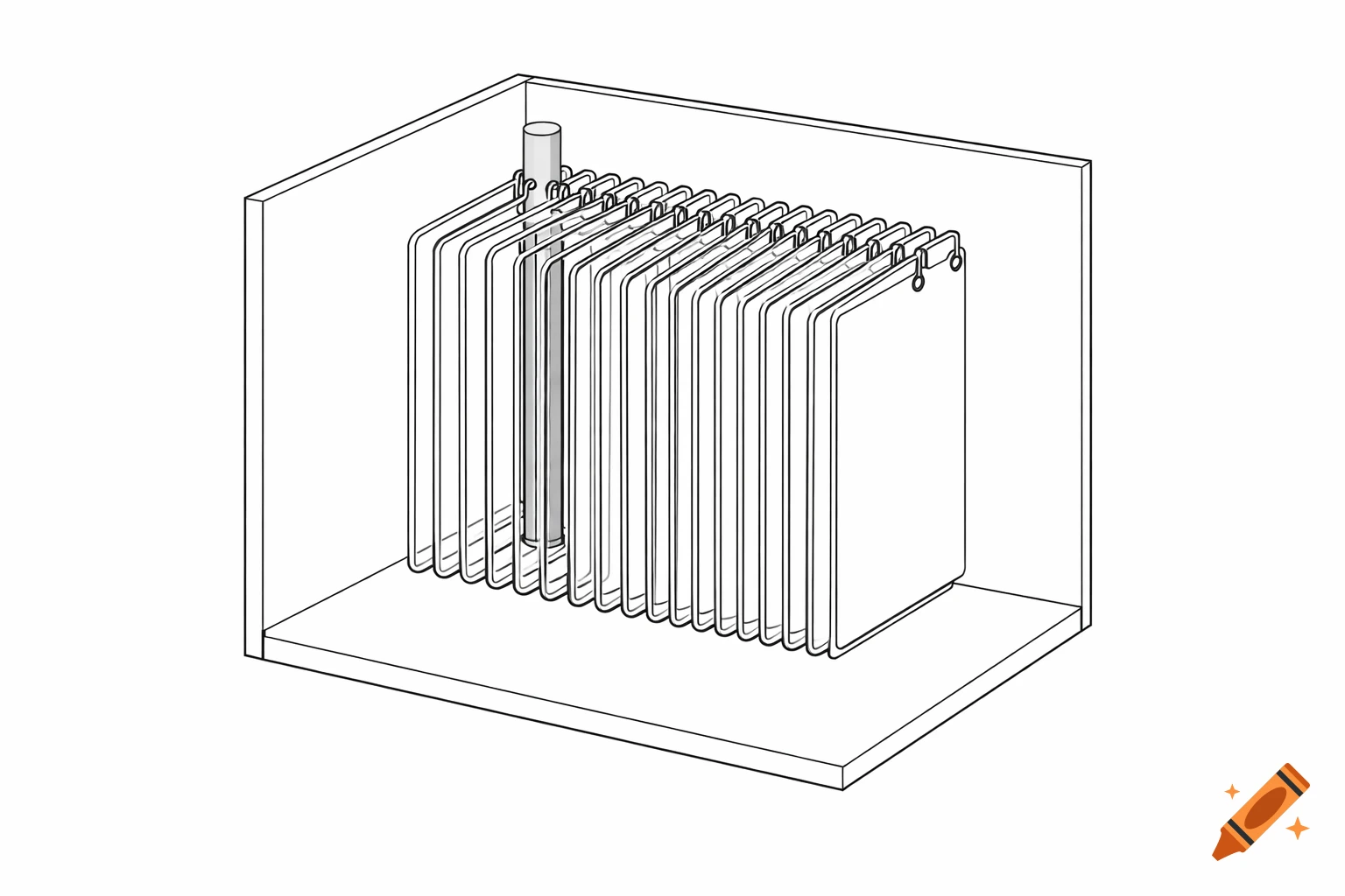 Architectural technical sketch of a half-open cubic modular vinyl record storage unit with a vertical rod and U-shaped holders.