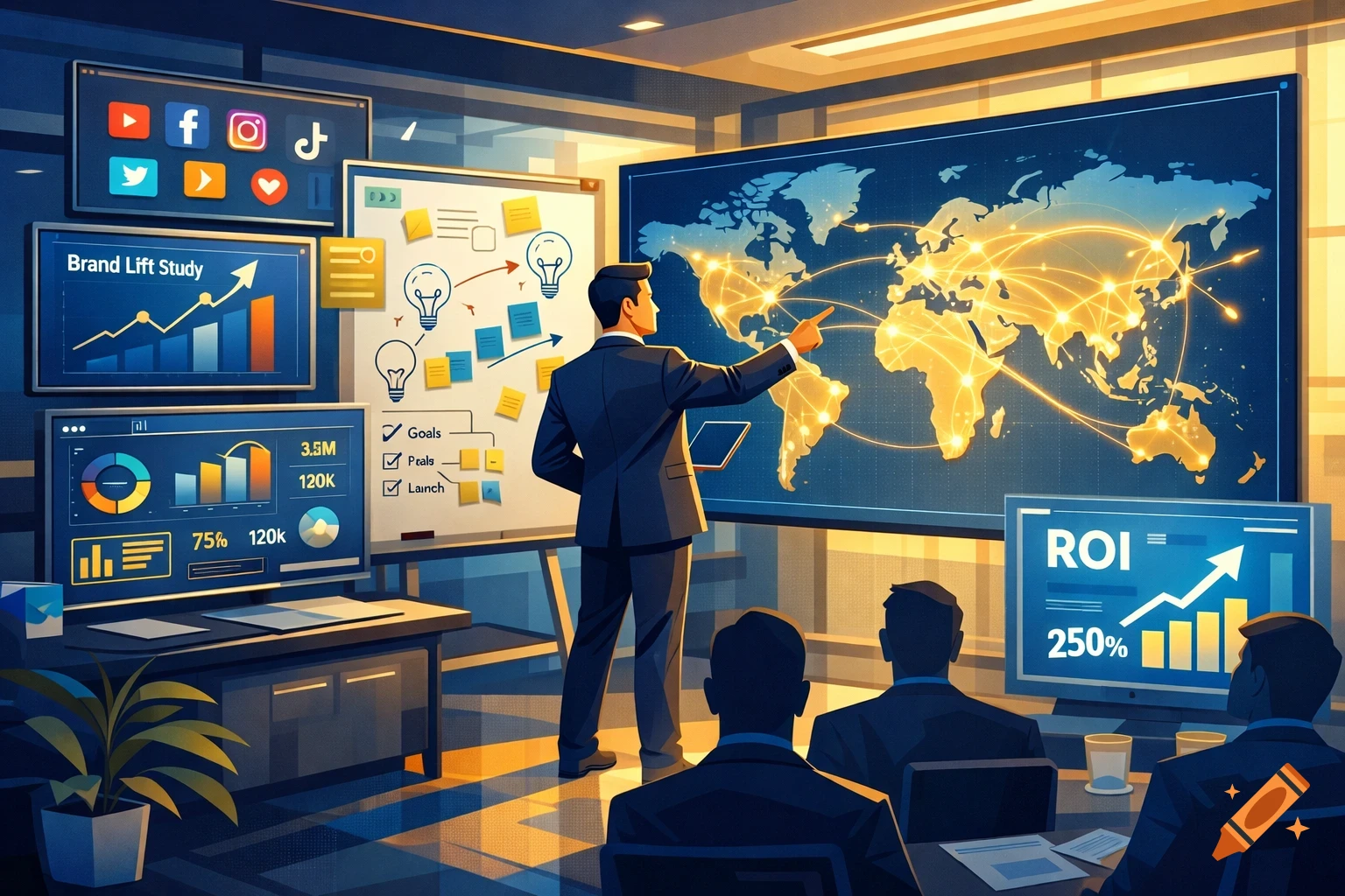 Corporate illustration of a marketing strategist pointing at a digital world map during a presentation in a modern office.
