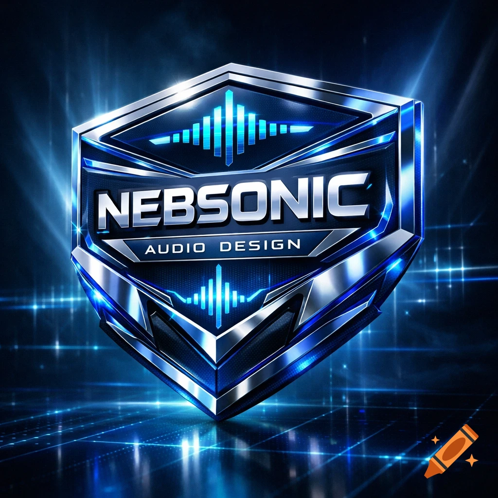 A 3D metallic shield logo for 'NEBSONIC AUDIO DESIGN' with blue glowing equalizer bars on a dark, reflective background.