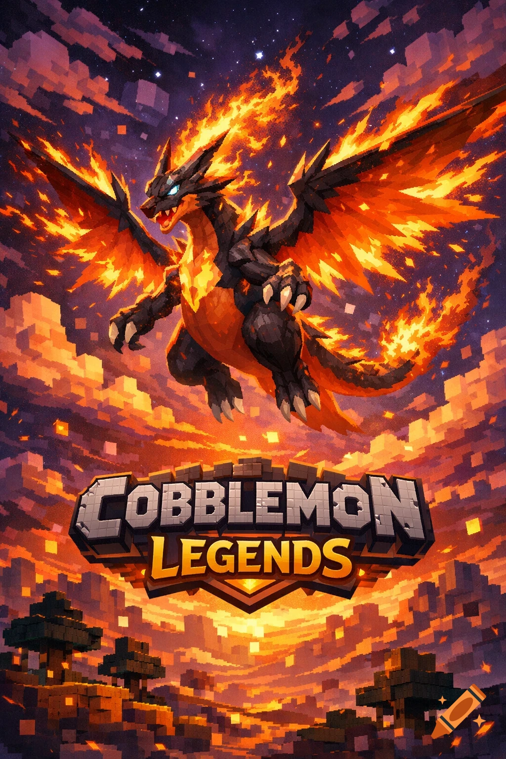 A pixel art image featuring a black and orange fiery dragon flying above a blocky landscape under a starry sky, with 'COBBLEMON LEGENDS' text below.