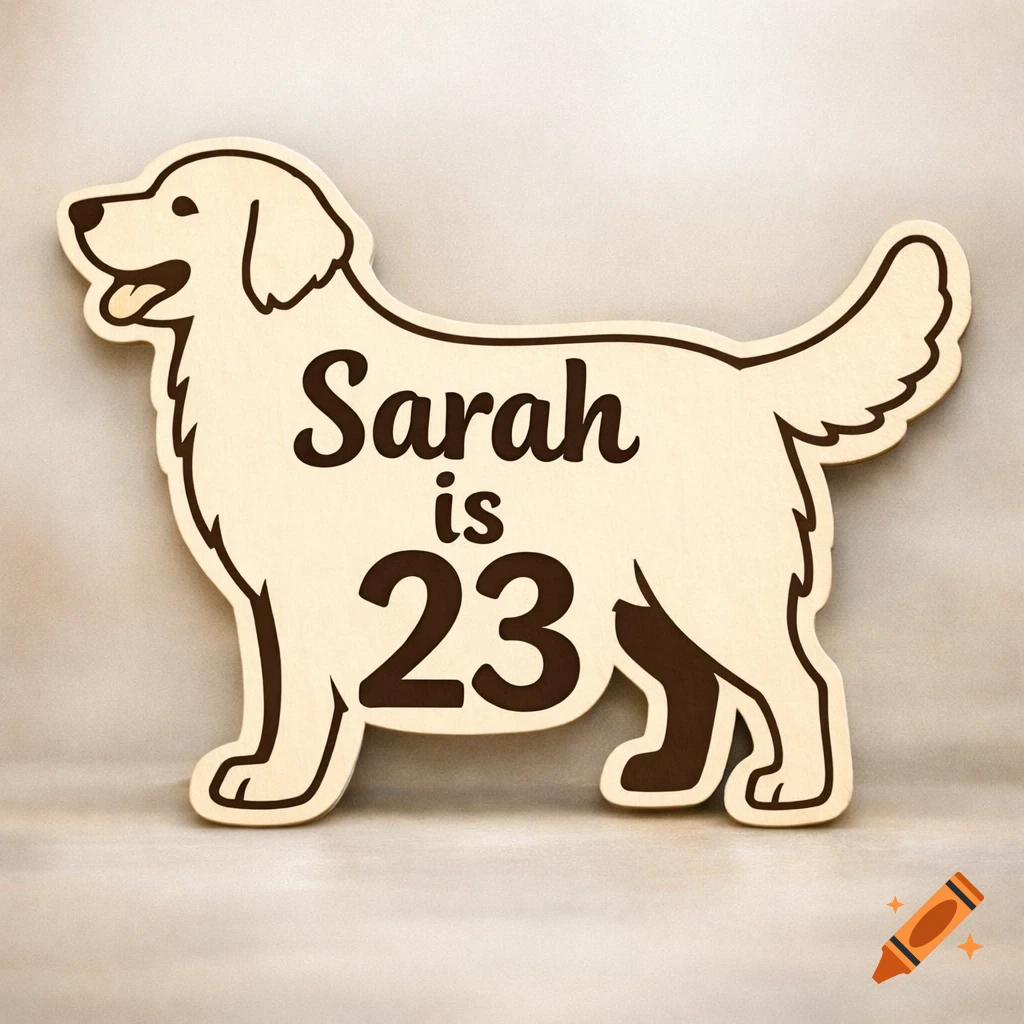 A light wooden sign shaped like a golden retriever dog with the text "Sarah is 23" inscribed in dark brown.