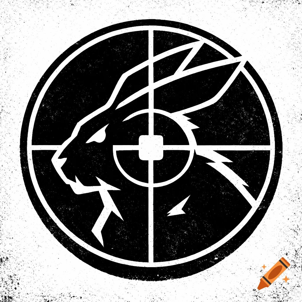 Black and white stylized rabbit head in a crosshairs logo with a gritty texture.
