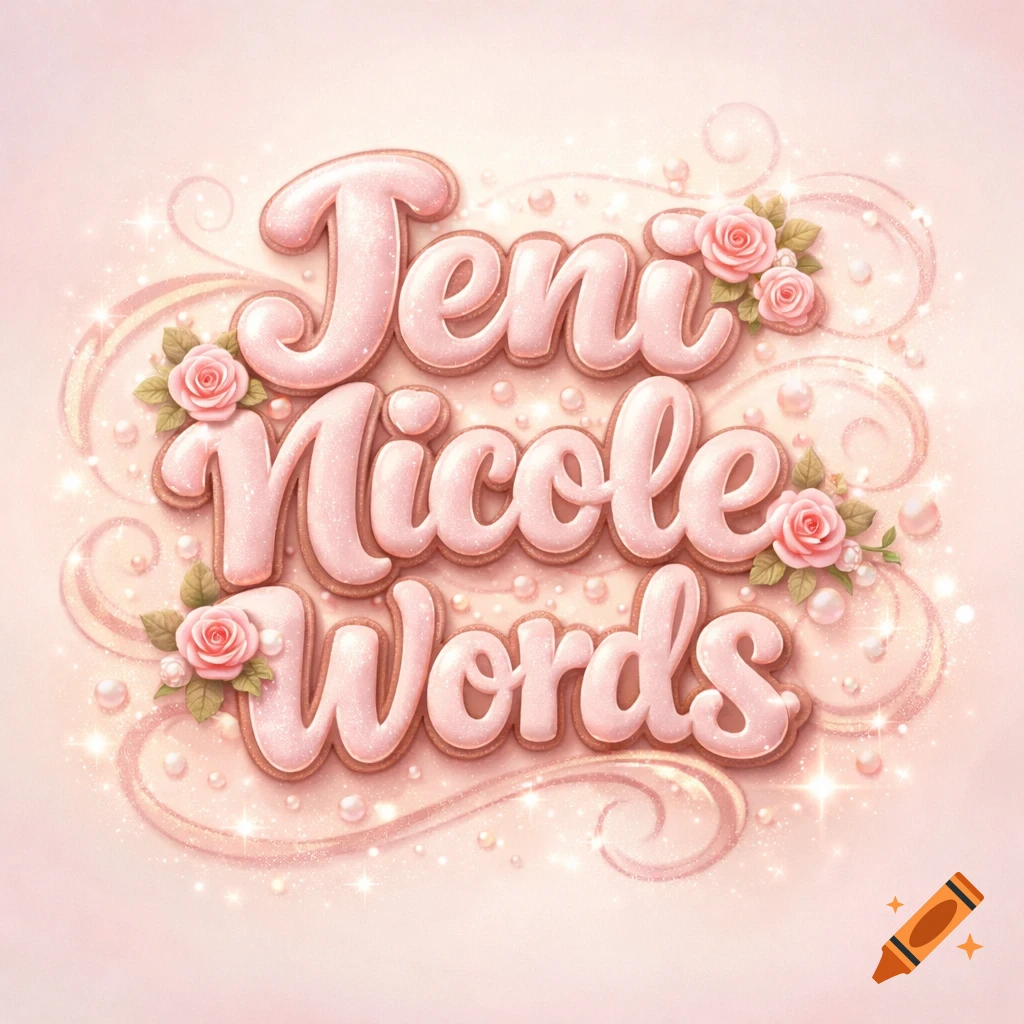 Pink glittery text 'Jeni Nicole Words' with pink roses and pearls on a light pink background.