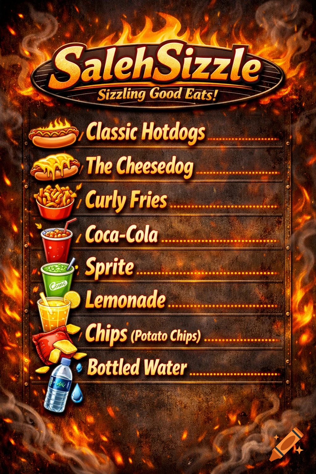A food truck menu for "SalehSizzle" against a fiery background, listing Classic Hotdogs, The Cheesedog, Curly Fries, Coca-Cola, Sprite, Lemonade, Chips, and Bottled Water.