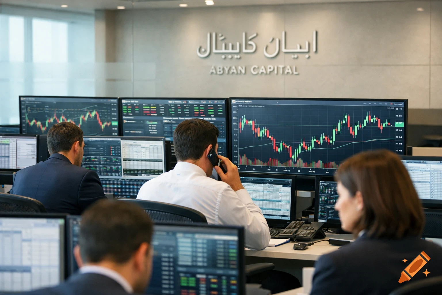 Photorealistic image of financial advisors working on a busy trading floor with multiple screens displaying charts and "Abyan Capital" signage.