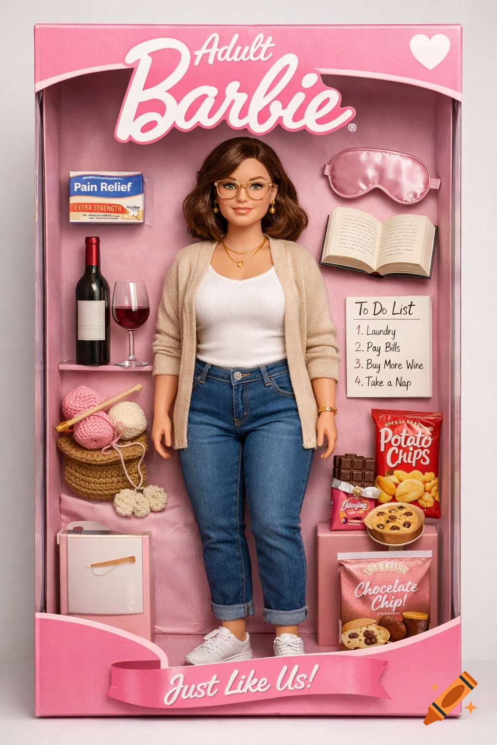 A humorous 'Adult Barbie' doll in a pink box, with accessories like wine, pain relief, snacks, knitting, and a 'To Do List'.