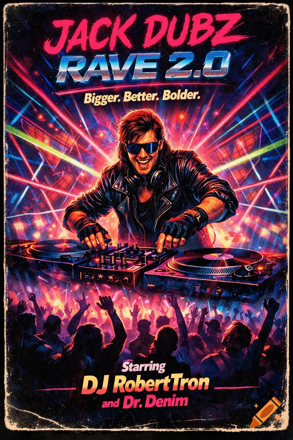 A vibrant, retro-style poster for 'JACK DUBZ RAVE 2.0' featuring a smiling DJ with sunglasses at turntables, neon lights, and a cheering crowd.