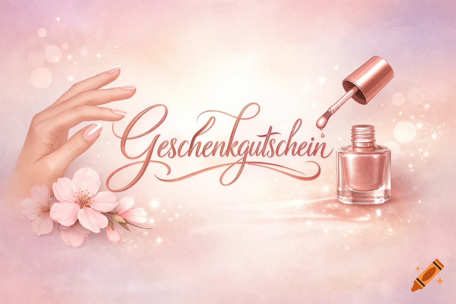 An elegant hand with a French manicure, pink cherry blossoms, and a sparkling nail polish bottle with the text "Geschenkgutschein" in script on a soft pink background.