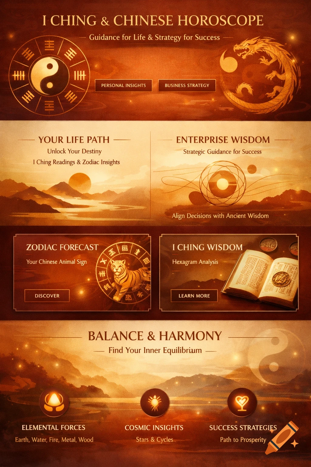 A warm-toned website lookbook for Chinese I Ching and horoscope, featuring a dragon, yin-yang, tiger, and sections for life path, wisdom, and zodiac, in a serene, oriental landscape style.