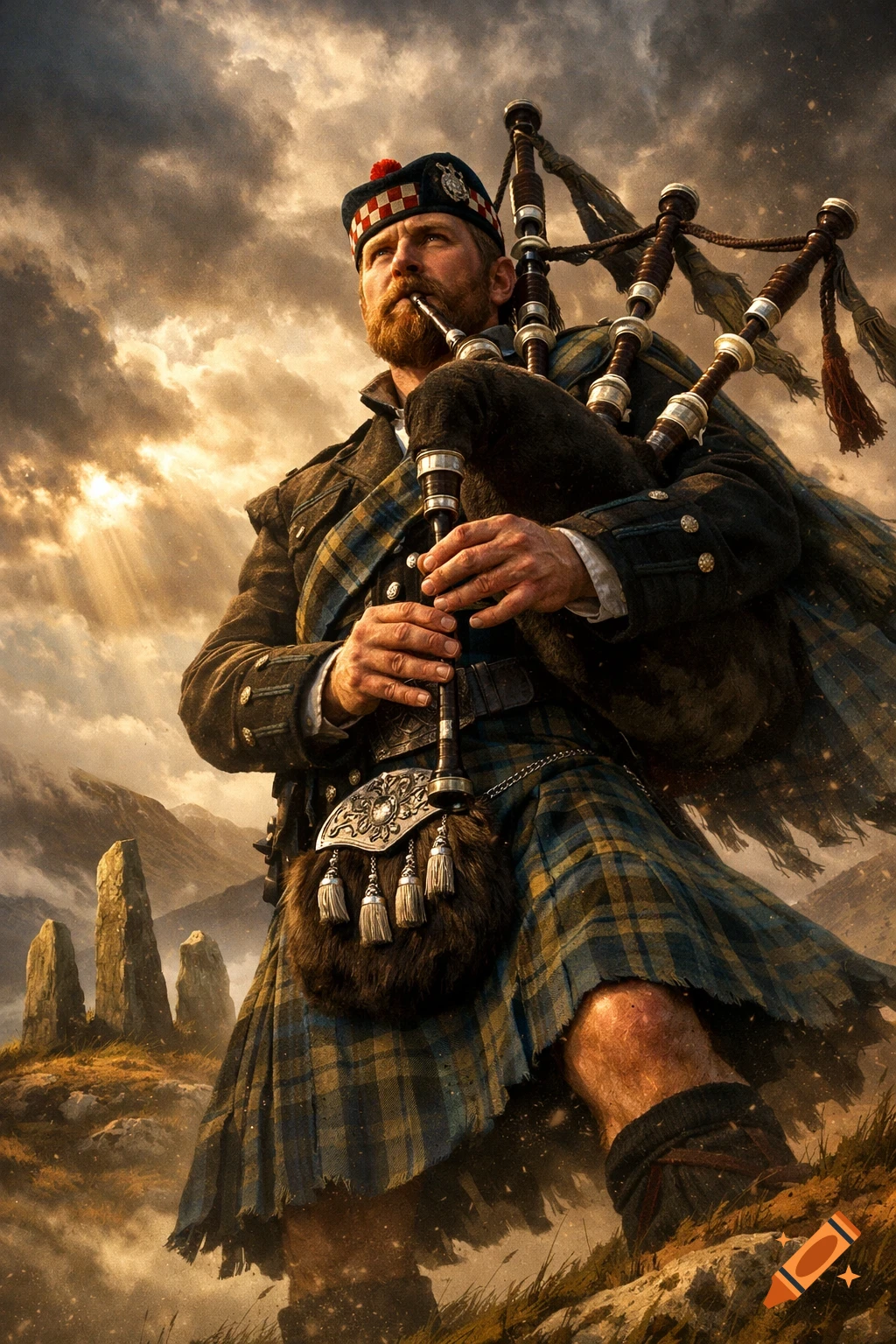 A powerful Scottish bagpiper in traditional attire plays pipes in a dramatic, sunlit mountain landscape with standing stones, fantasy art style.