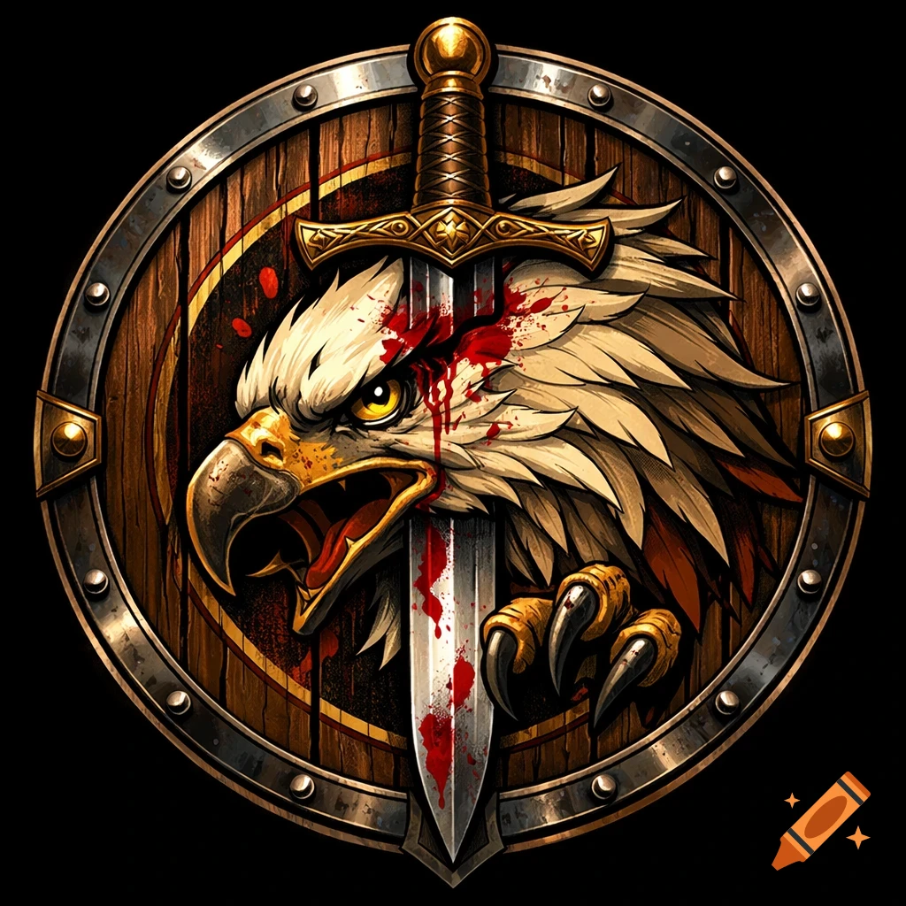 A stylized medieval wooden shield with metal trim, featuring an angry eagle head with a sword piercing it, splattered with blood.