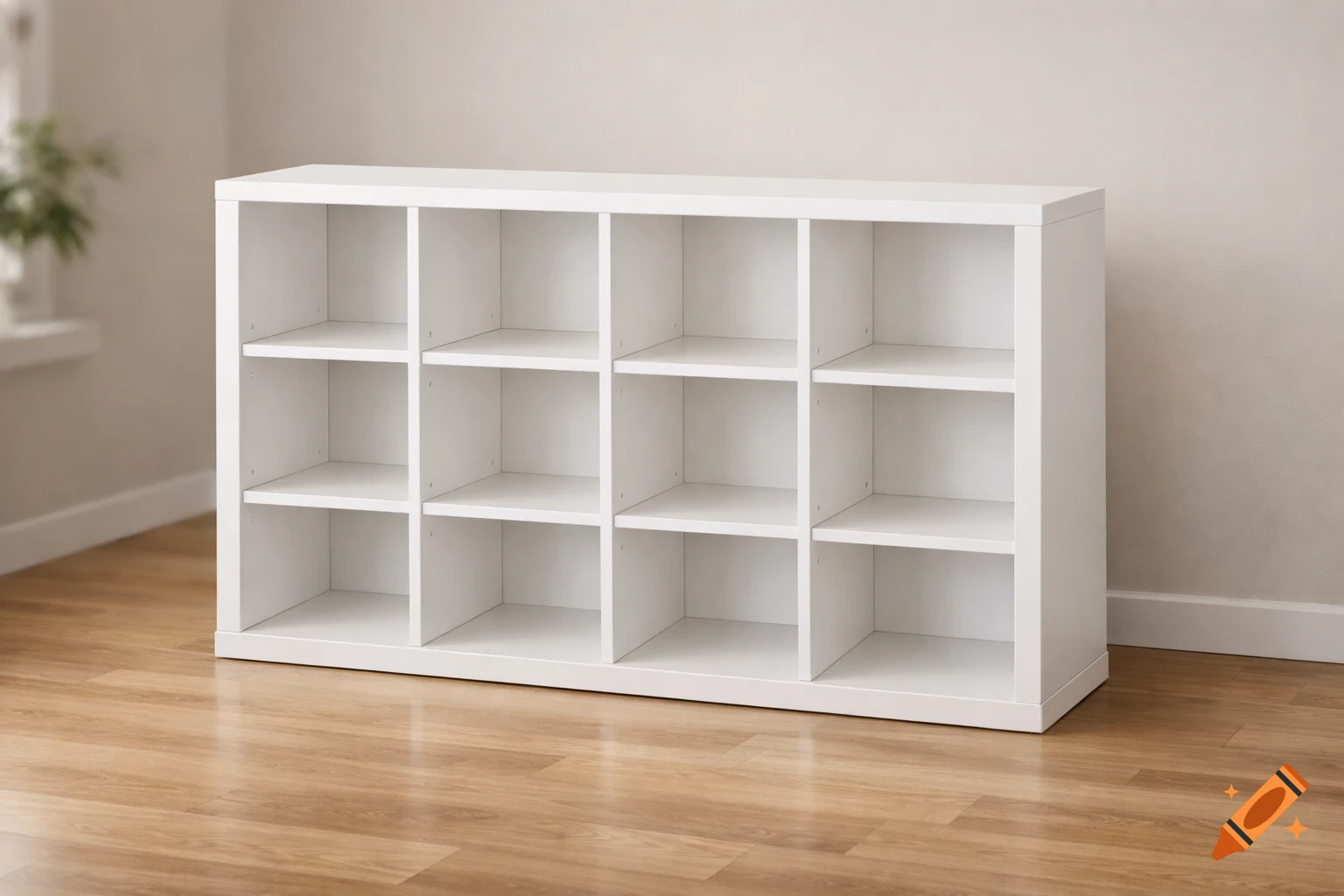 A white, cube-shaped shelving unit with twelve compartments sits on a wooden floor against a light wall.