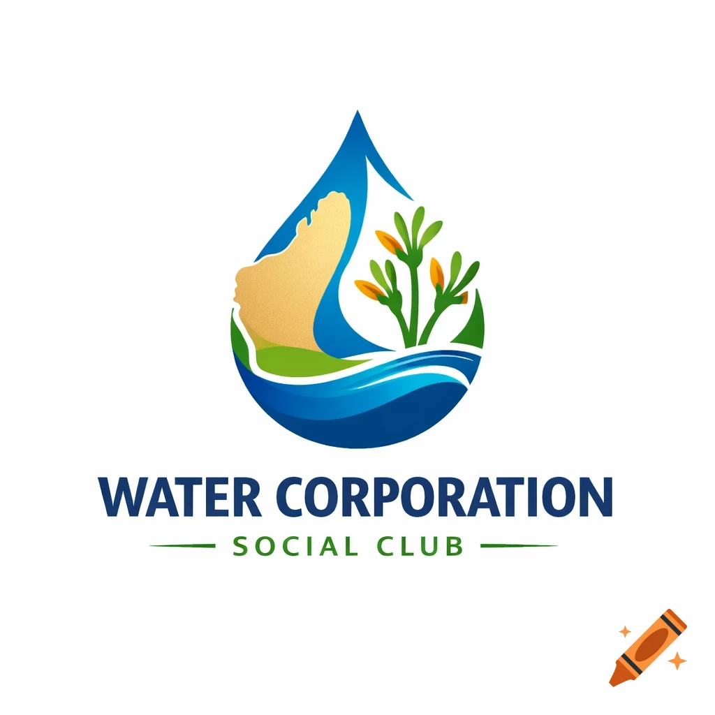 A logo of a water droplet containing a golden silhouette, blue water, green land, and plants, with text 'WATER CORPORATION SOCIAL CLUB'.
