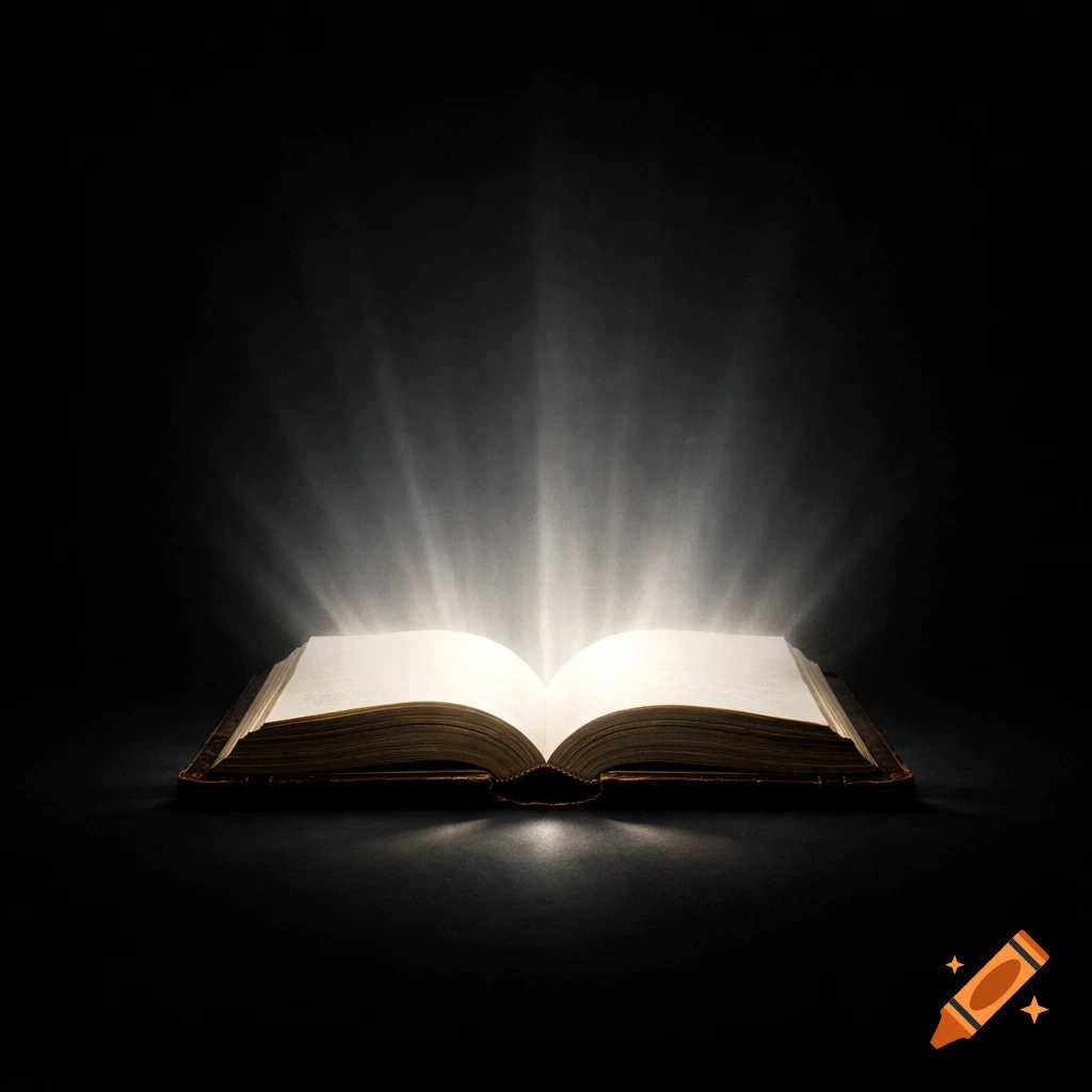An open book with glowing pages emits bright light rays upwards in a dark, high-contrast, cinematic style.