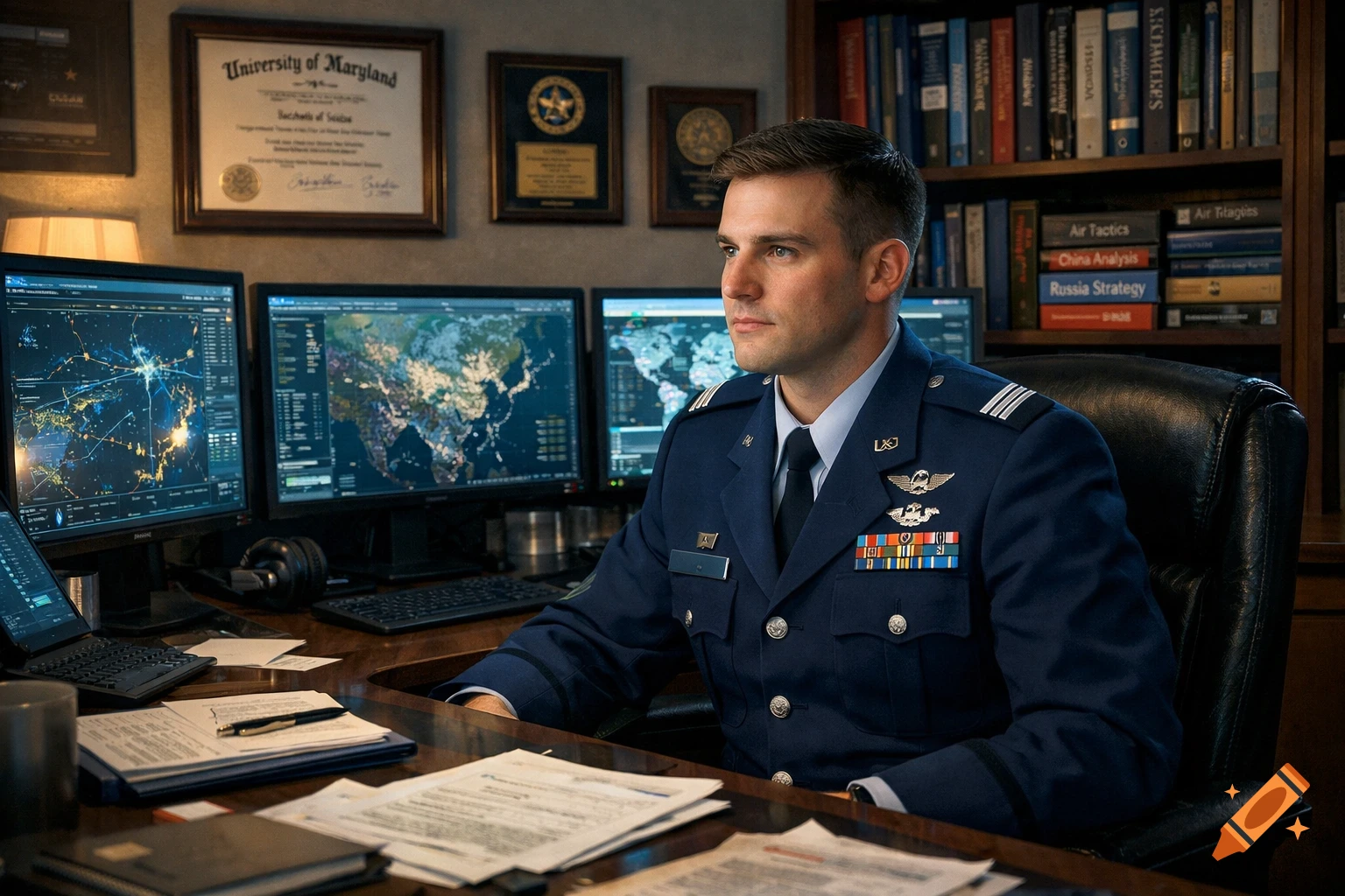 A man in a US Air Force uniform sits at a desk in an office, surrounded by multiple computer screens displaying maps and data, and bookshelves filled with books.