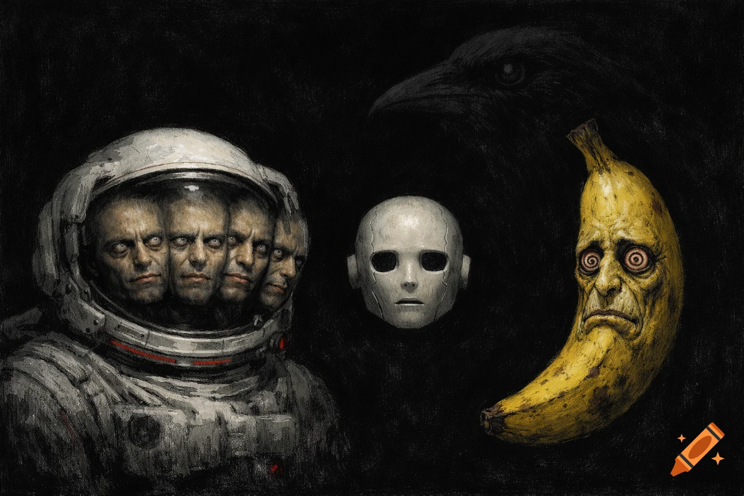 A surreal painting shows an astronaut with multiple intense faces in their helmet, a distressed human-faced banana, a robotic head, and a subtle raven silhouette against a dark background.