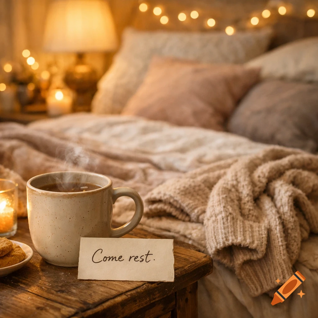 A steaming mug on a wooden bedside table next to a cozy bed with pillows, blankets, and fairy lights, with a note that says 'Come rest.'