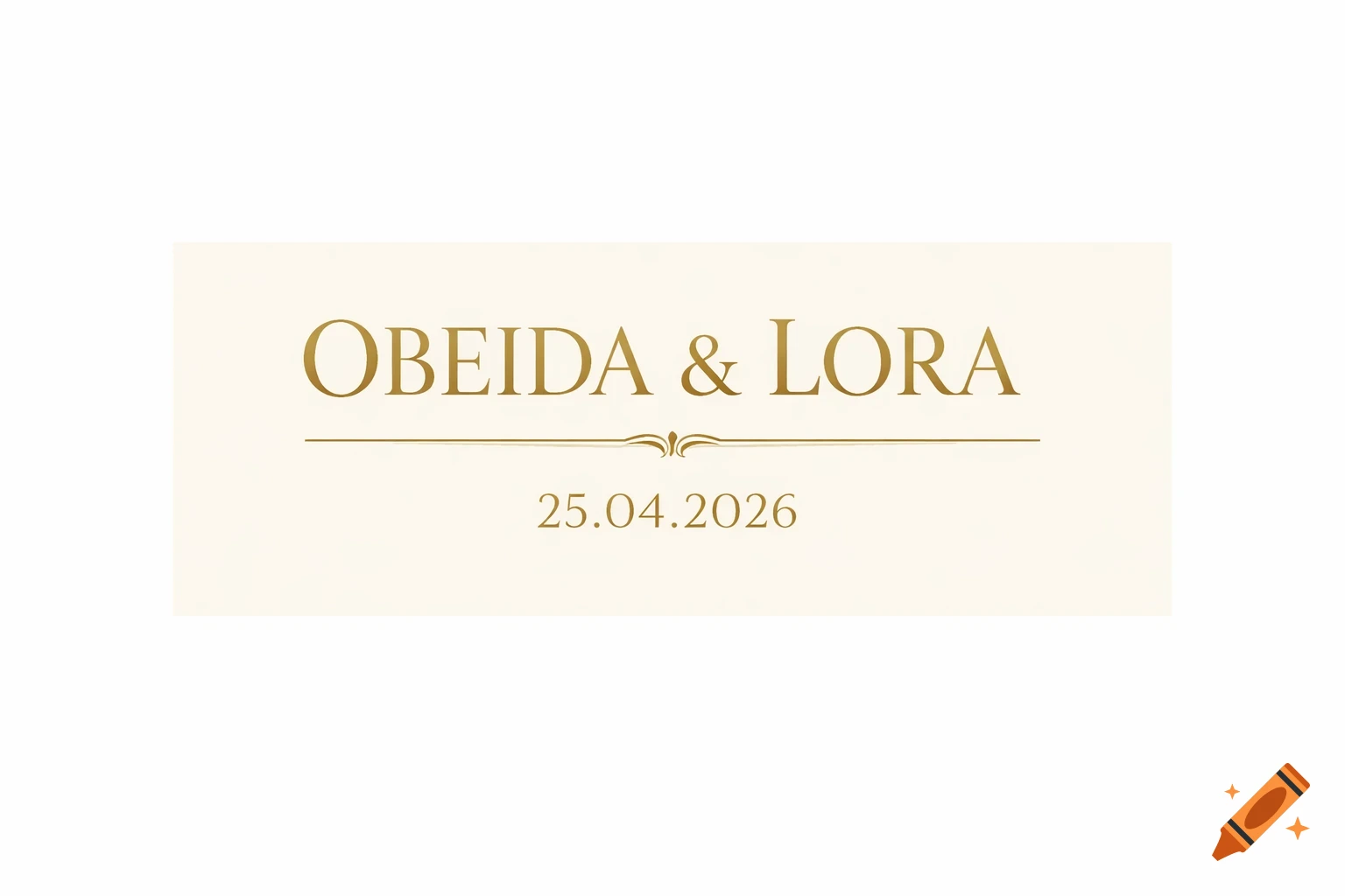Elegant gold typography 'OBEIDA & LORA 25.04.2026' on a cream background with a decorative line.