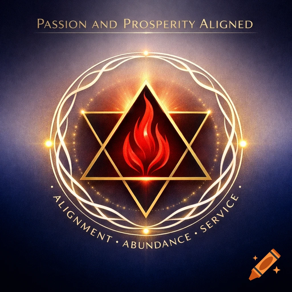 A glowing gold sigil with a red flame inside a Star of David shape, surrounded by flowing lines and text, on a dark blue background.