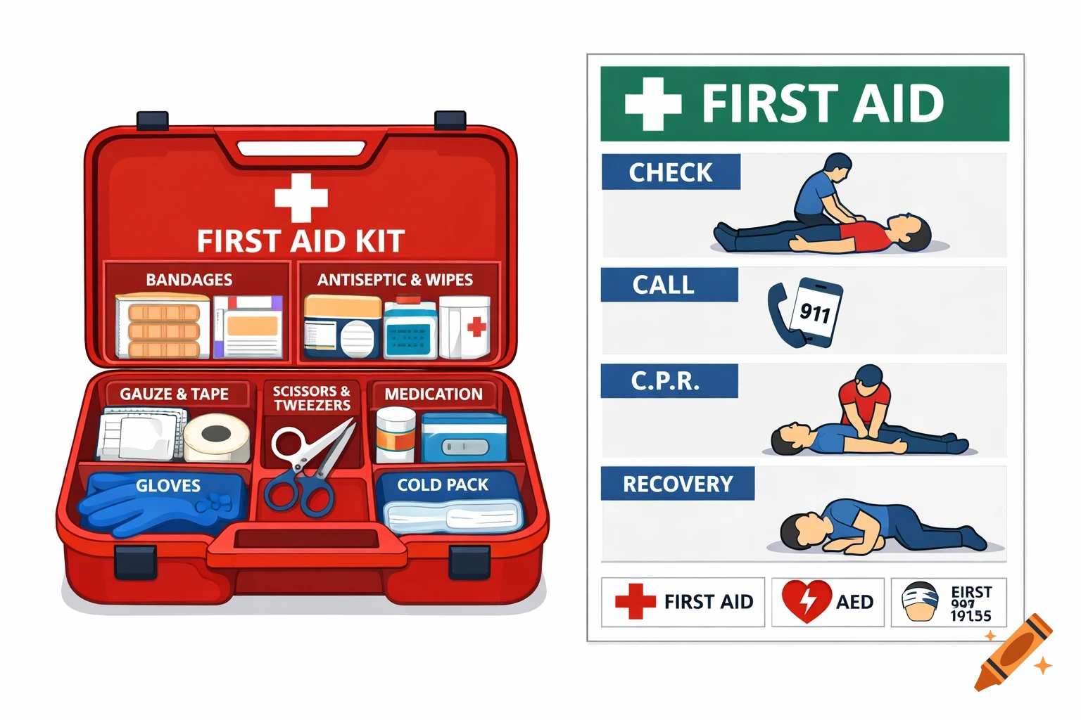 An illustration featuring an open red first aid kit with various supplies, next to a first aid instruction poster showing steps like check, call, C.P.R., and recovery.