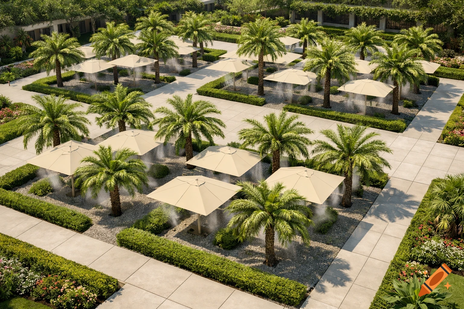 Aerial view of a landscaped courtyard with palm trees, beige umbrellas, gravel beds, hedges, and paved walkways, with misters around the umbrellas.