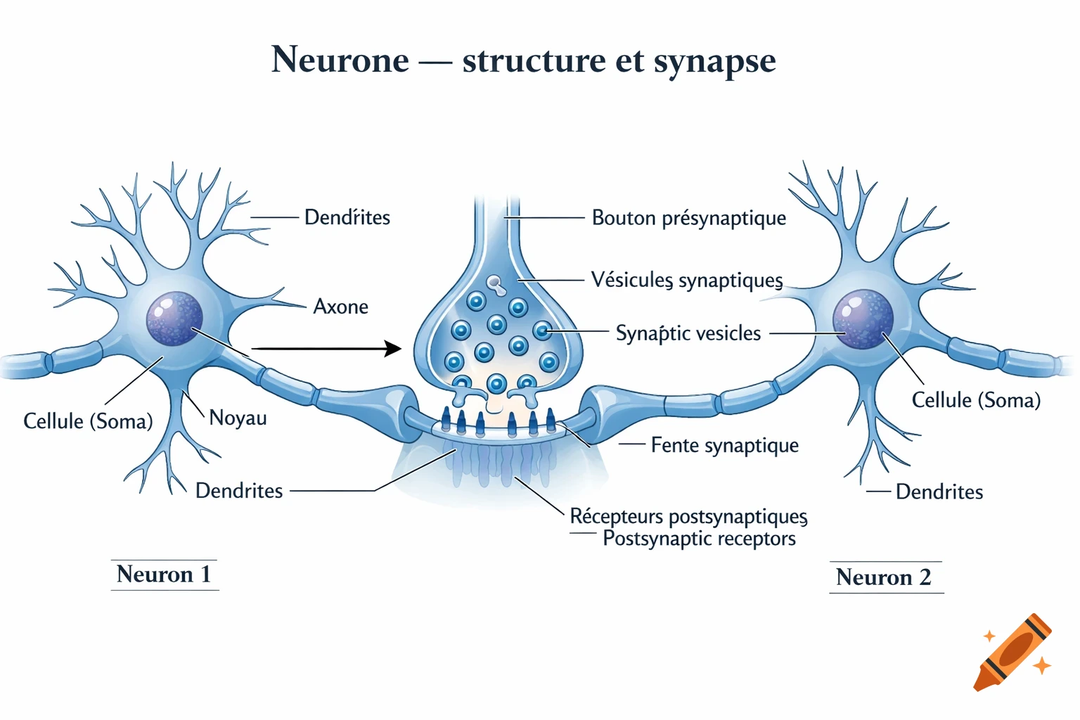 An educational diagram illustrating the structure of two neurons and their synapse, with French and English labels pointing to various parts like dendrites, axon, nucleus, synaptic cleft, and vesicles, on a white background.