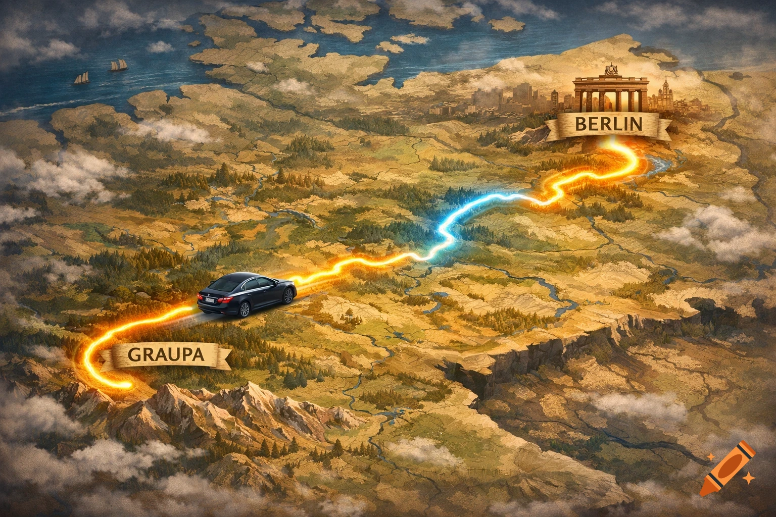 A detailed illustrative map shows a black car driving along a glowing path from 'GRAUPA' to 'BERLIN,' marked by the Brandenburg Gate.